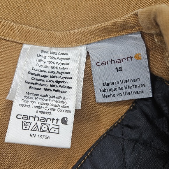 Carhartt Youth Duck Bib Overalls Insulated Double Knee Brown Tan Utility 14 Line - Picture 11 of 14